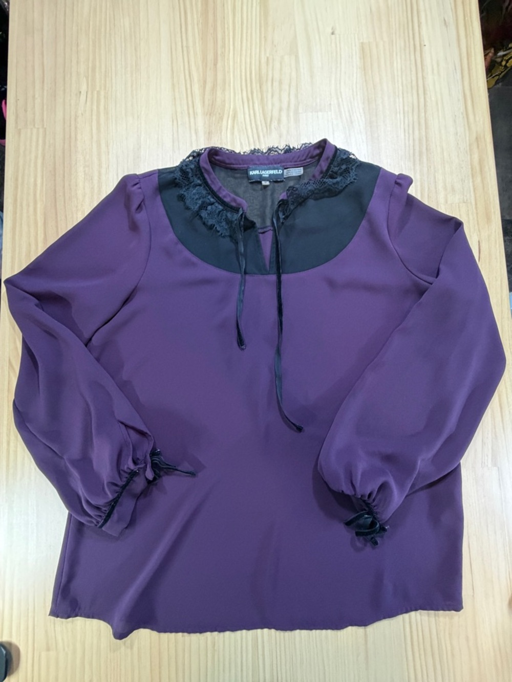 Karl Lagerfeld Purple and Black Lace Blouse with Tie-Neck B7